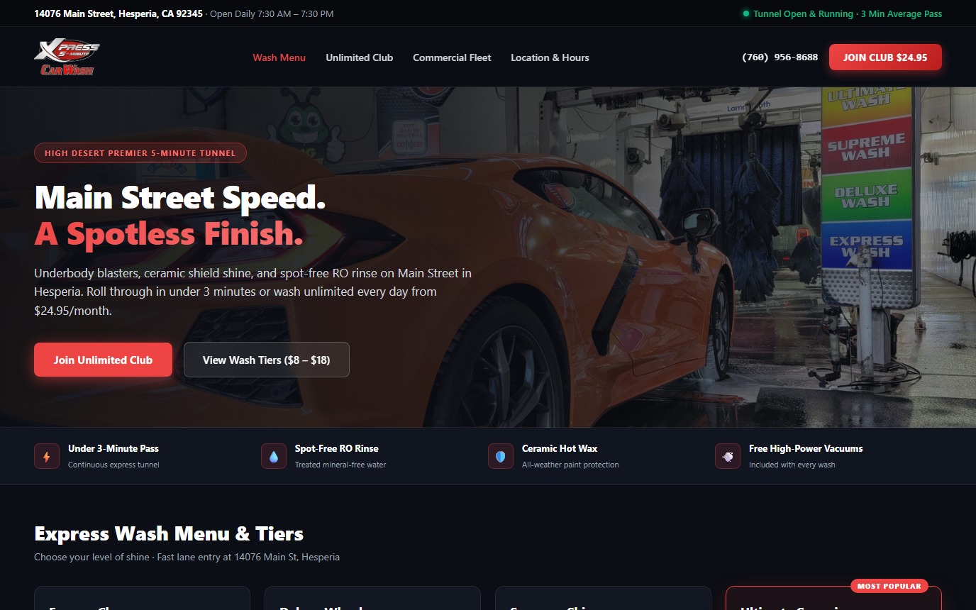 Proposed Xpress Car Wash homepage featuring the Xpress 5-Minute Car Wash logo, wash menu tiers, and Unlimited Club signup